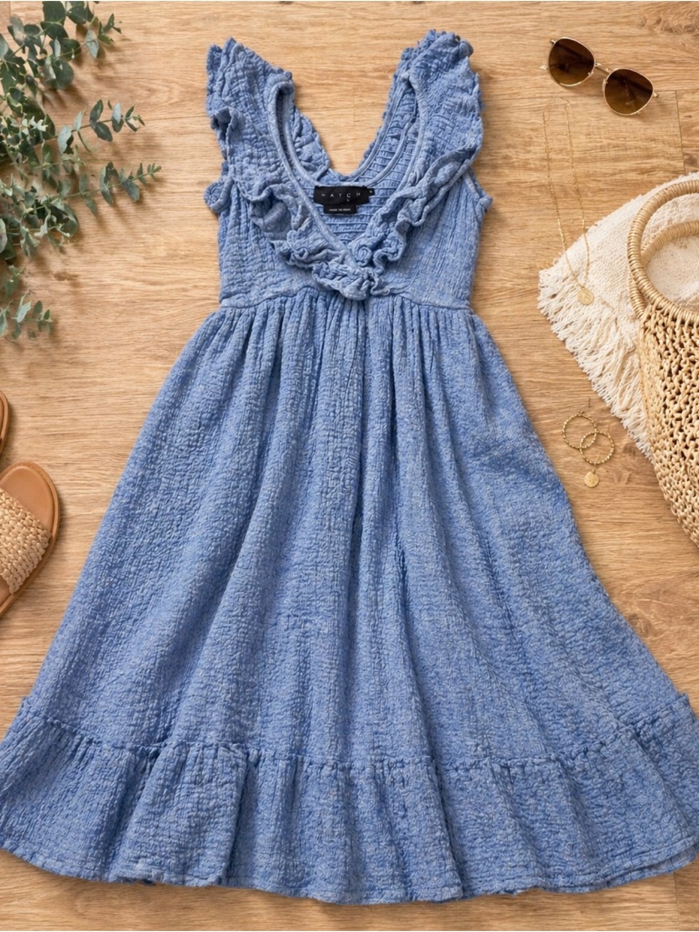 HATCH Blue Textured Ruffle Midi Dress 100% Cotton Boho Flowy Maternity